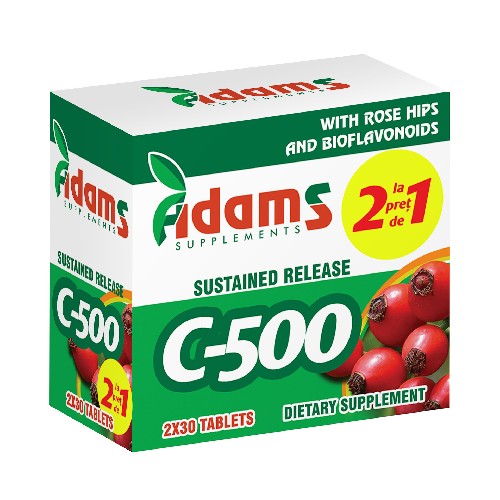 Vitamina C-500 cu macese Adams Supplements (Pachet 1+1 gratis) – 2 x 30 capsule